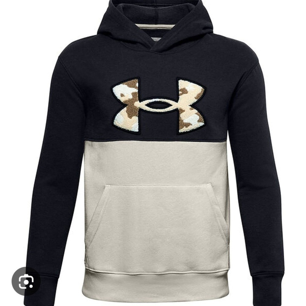 Under Armour Boys M 10-12  ColdGear Rival Fleece Hoodie Navy Cream Camo Logo YMD